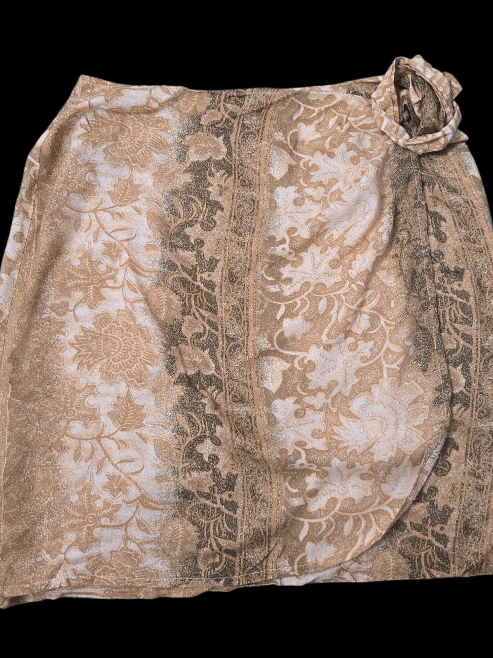 Stunning Neutral-Toned Faux-Wrap Skirt with Unique Fabric Rosette Side Tie